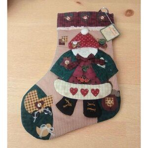 Quilted Treasures Folk Art Christmas Stocking Vtg Mrs Santa Baby Button Holiday